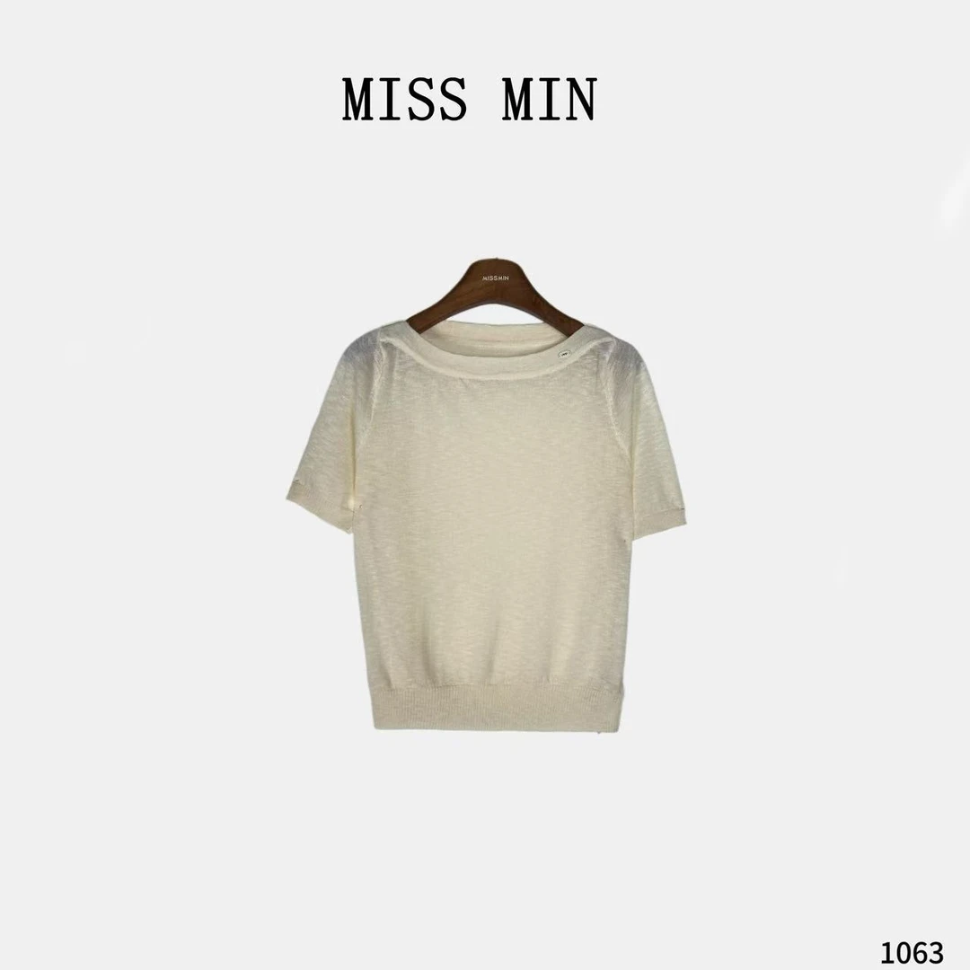 MISS MIN【灿逸】时尚一字领短袖小众设计感女装宽松显瘦针织衫1063