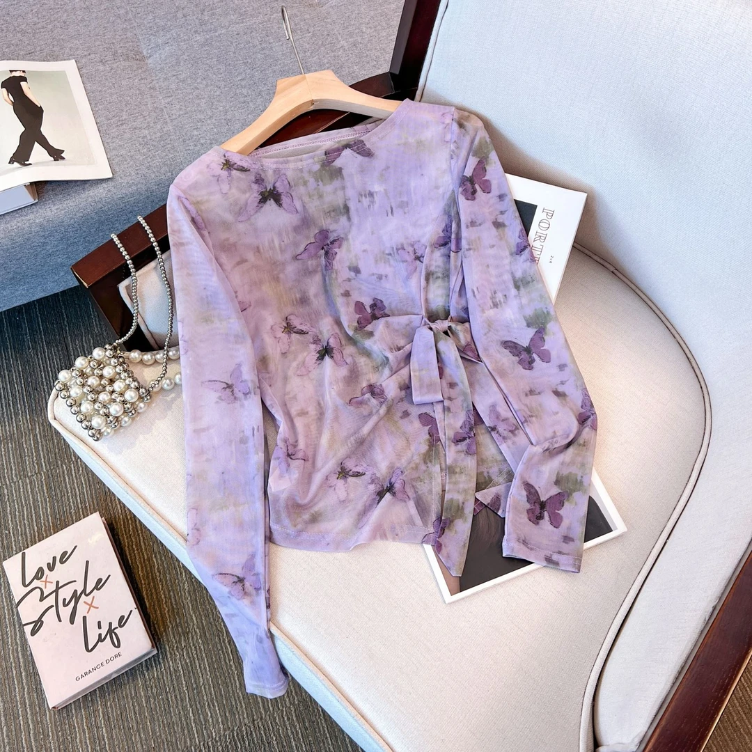 2025新款夏季网纱T恤女百搭罩衫蝴蝶印花气质绑带设计感防晒上衣