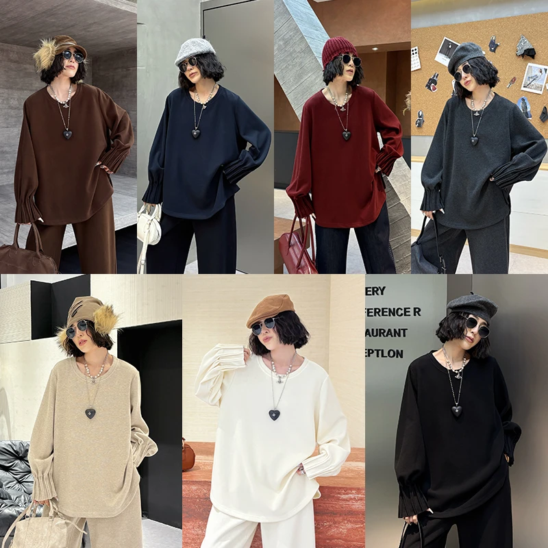 大码女装圆领长袖T恤130斤到260斤胖mm宽松遮肚子打底衫上衣冬季