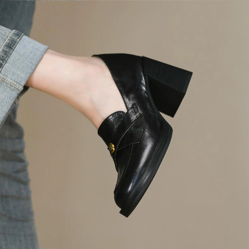 羊皮版~法式赫本风英伦小皮鞋女粗跟2025单鞋高跟一脚蹬jk乐福鞋