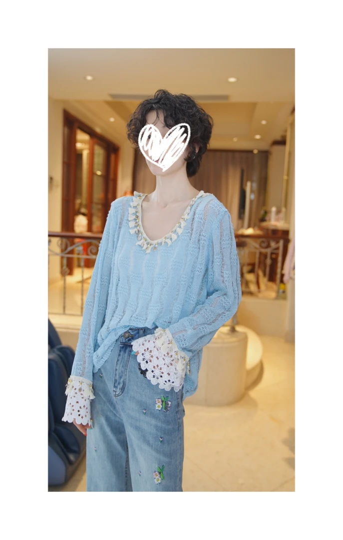 26112781【淡香鸢尾】高级优雅蕾丝V领显瘦毛衣