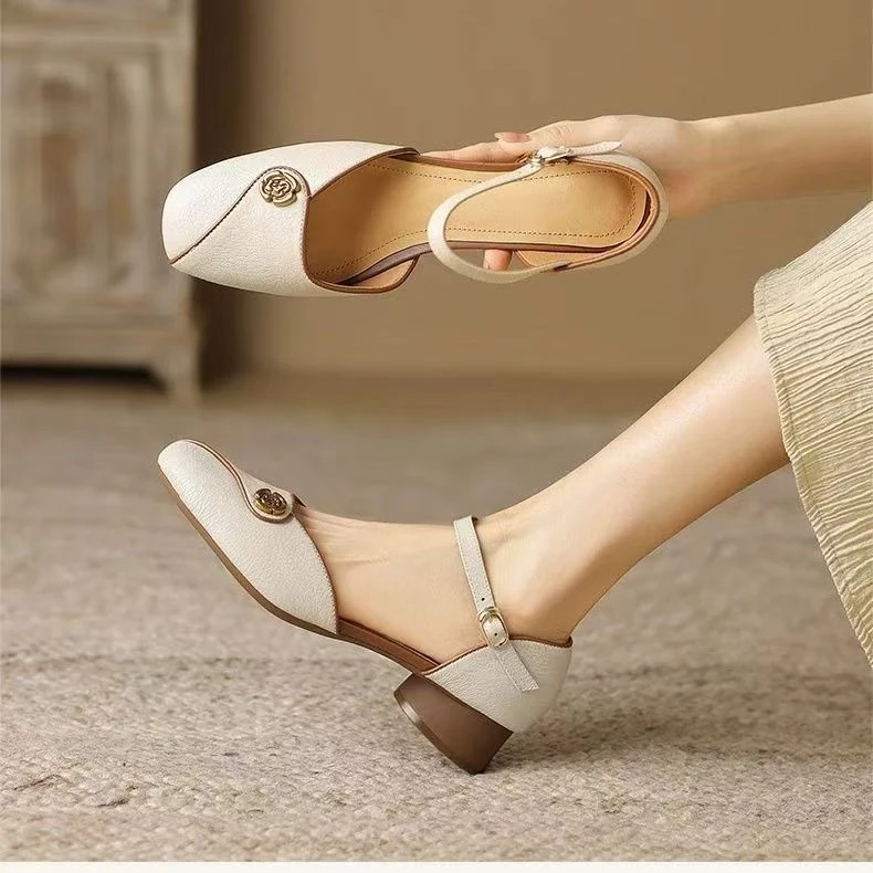 2025夏季新款复古山茶花时尚百搭方头气质小单鞋女凉鞋包头皮鞋