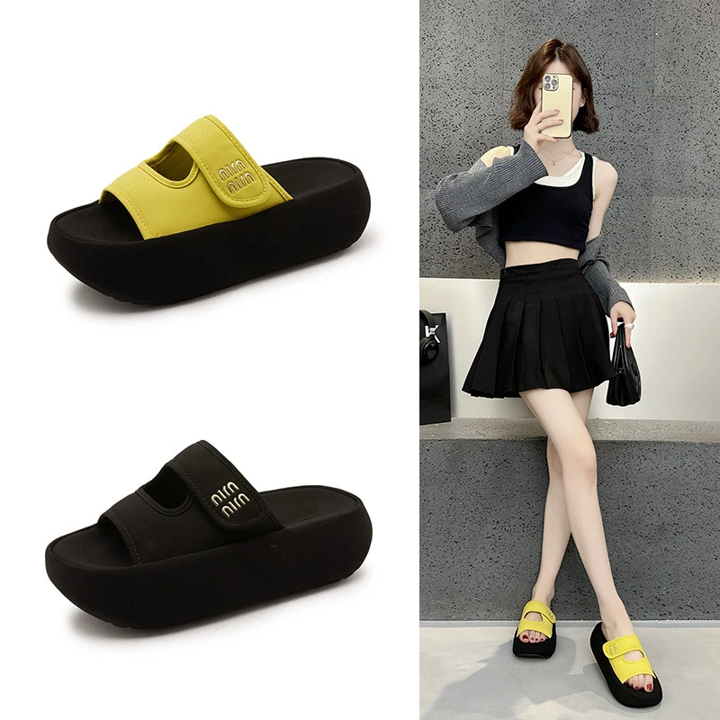 厚底布面魔术贴一字拖鞋女2025年夏季新款外穿百搭休闲沙滩凉拖鞋