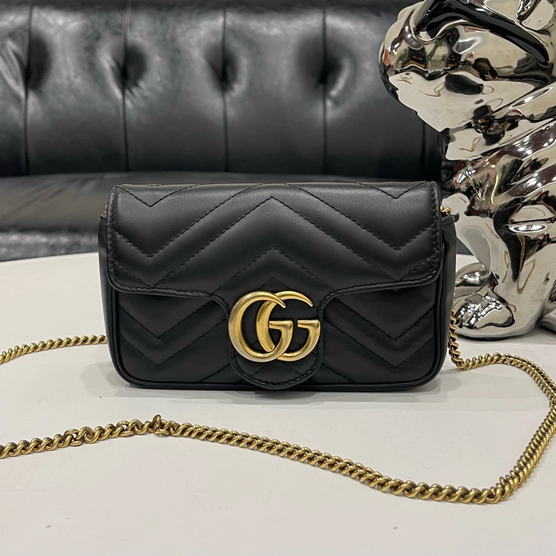 95新 GUCCI/古驰 Marmont黑色马蒙supermini斜挎包