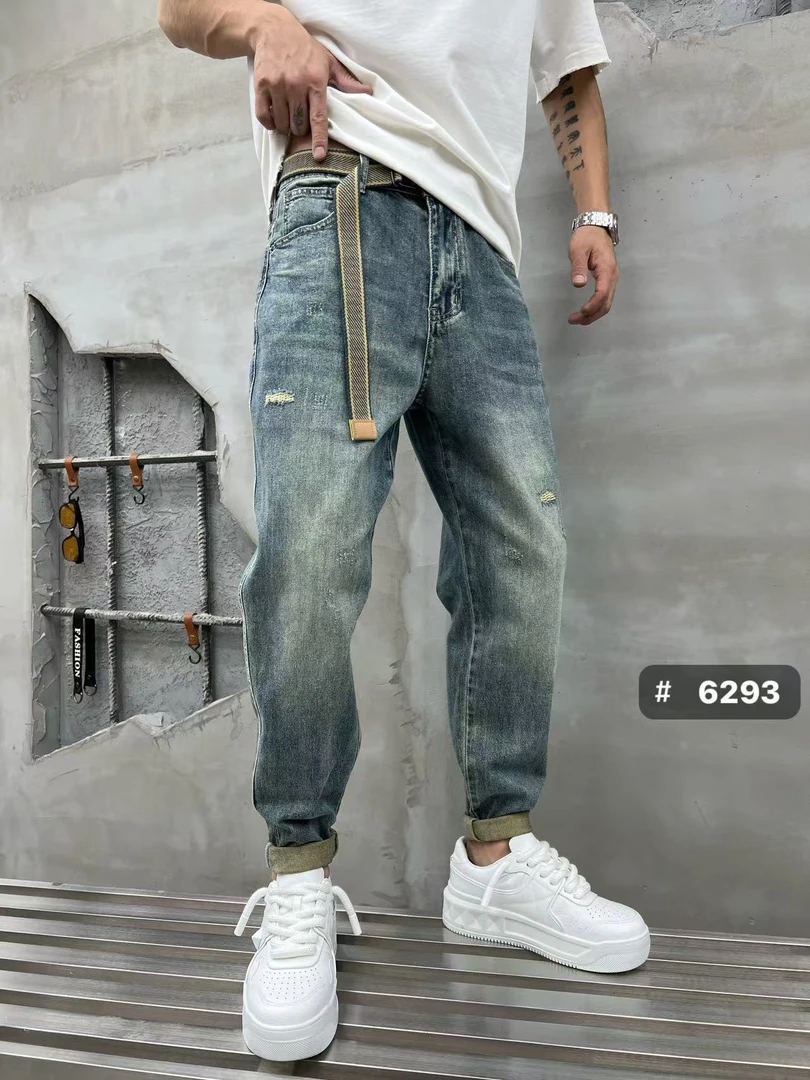 6293春季新款小脚破洞牛仔裤男弹力水洗锥形合身长牛仔裤男