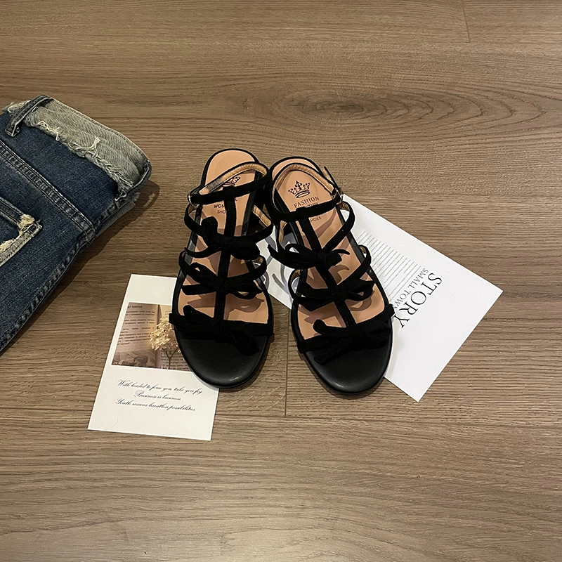 Shoe/牛皮/4.5CM真皮粗跟凉鞋法式罗马蝴蝶结圆头一字带露趾30722