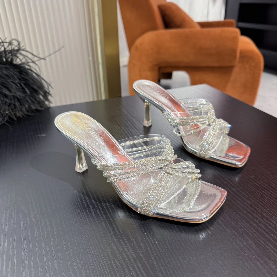 【6公分】2025夏季新款法式透明露趾方头交叉水钻外穿中跟凉拖鞋