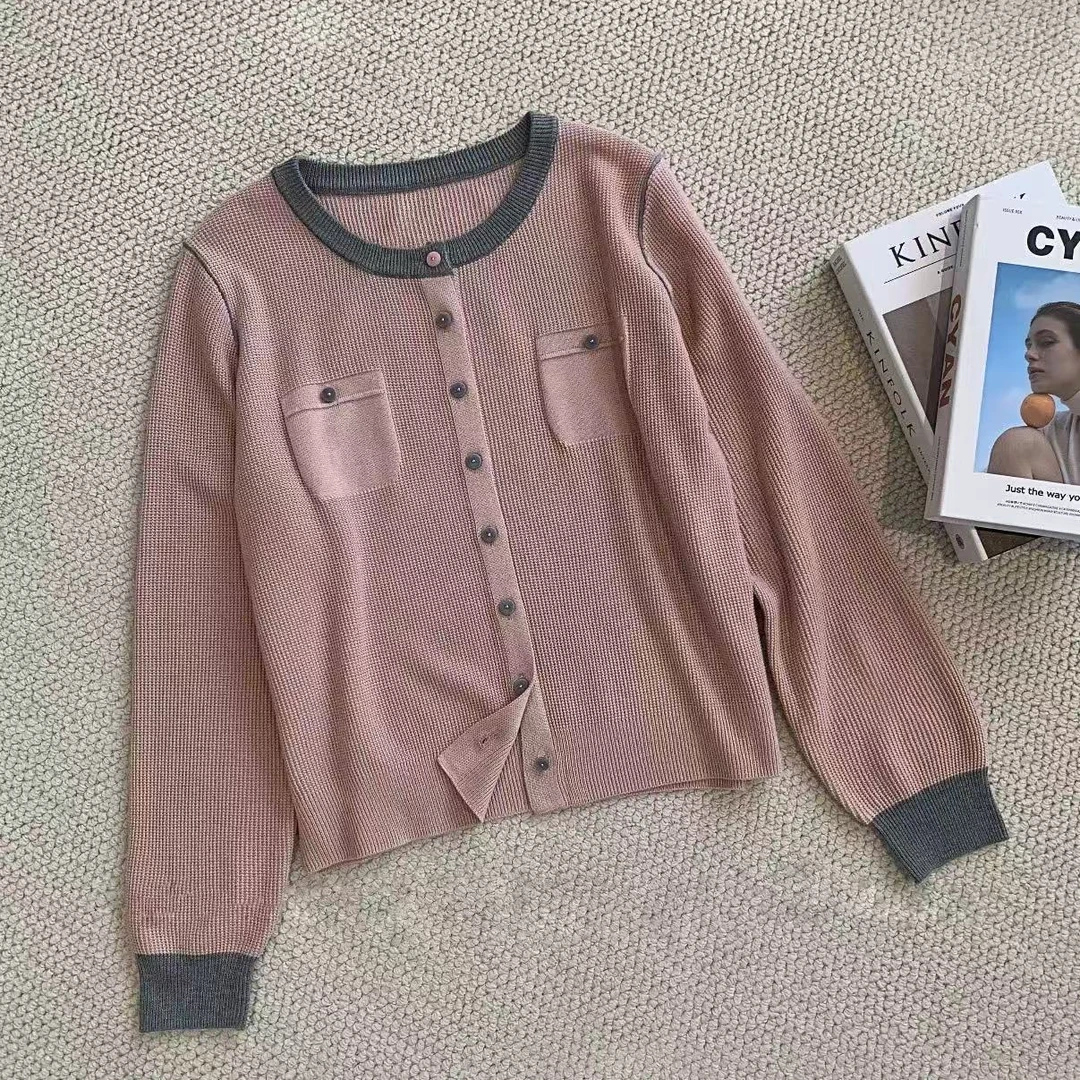 VISHALL300-399拼色针织开衫修身显瘦百搭时尚休闲毛衣秋季均码