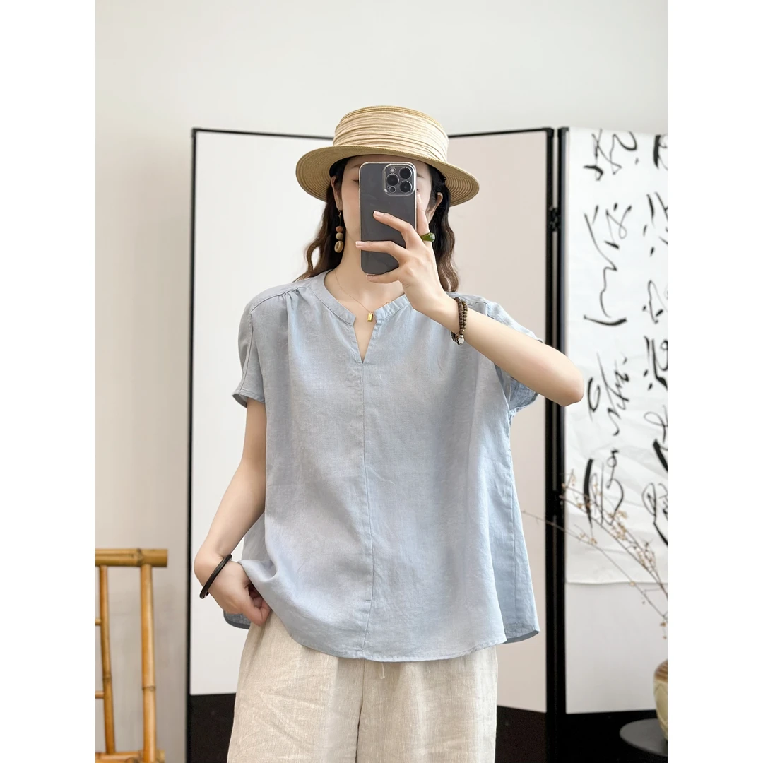 004【100%进口亚麻】V领小飞袖小衫时尚显瘦