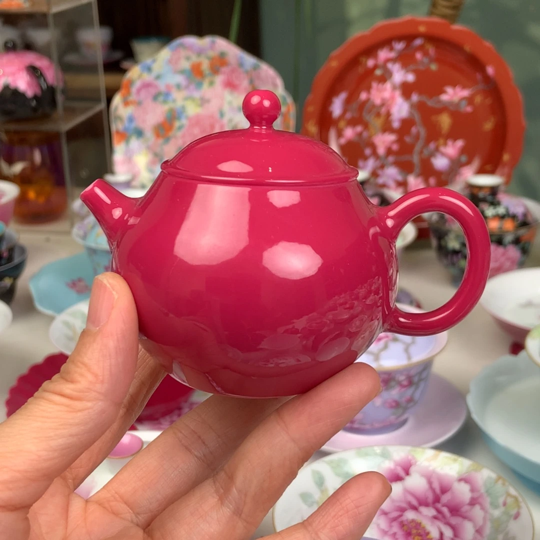 陶胭脂红纯色盘壶景德镇