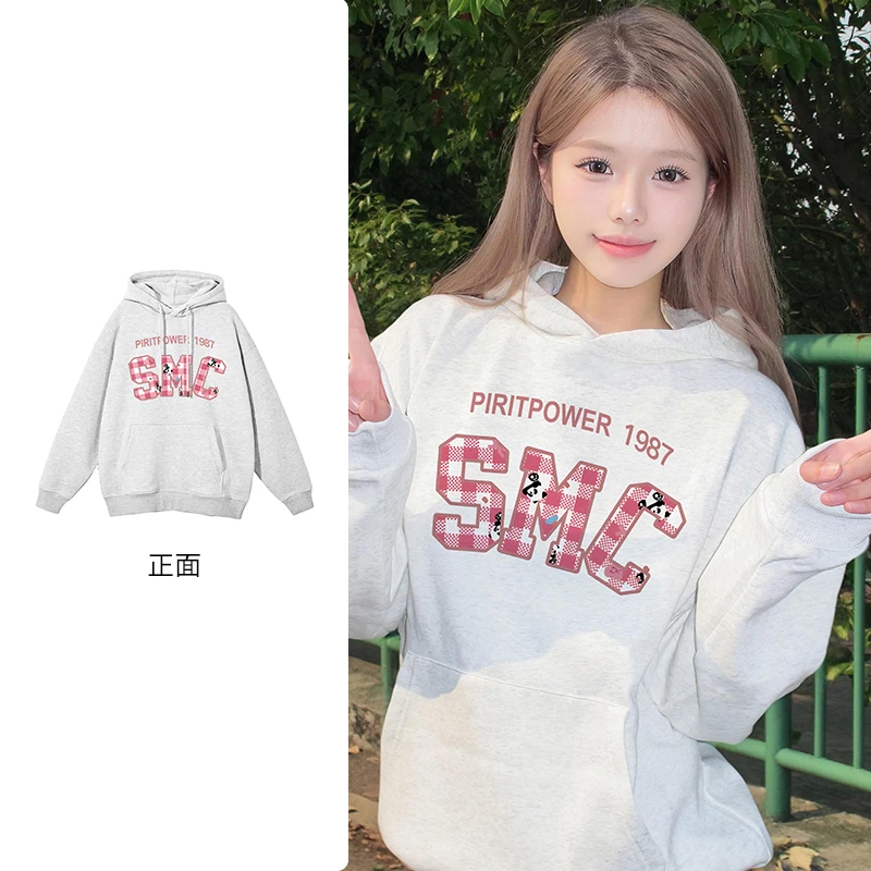 潮牌韩系重磅学院风印花连帽卫衣秋冬女可爱少女风宽松帽衫#R411