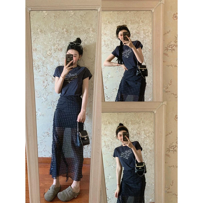 洋气衣服女夏季新款短袖T恤上衣高腰木耳边小众微透纯欲半身裙