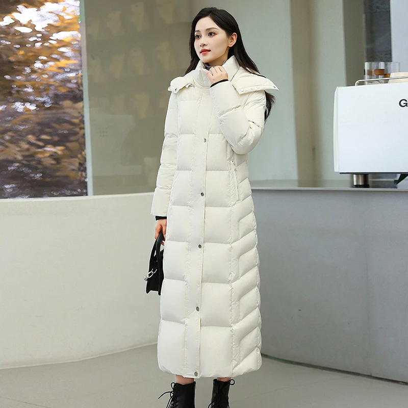 长款羽绒服修身收腰显瘦时尚大衣95白鸭绒连帽加长加厚保暖外套女
