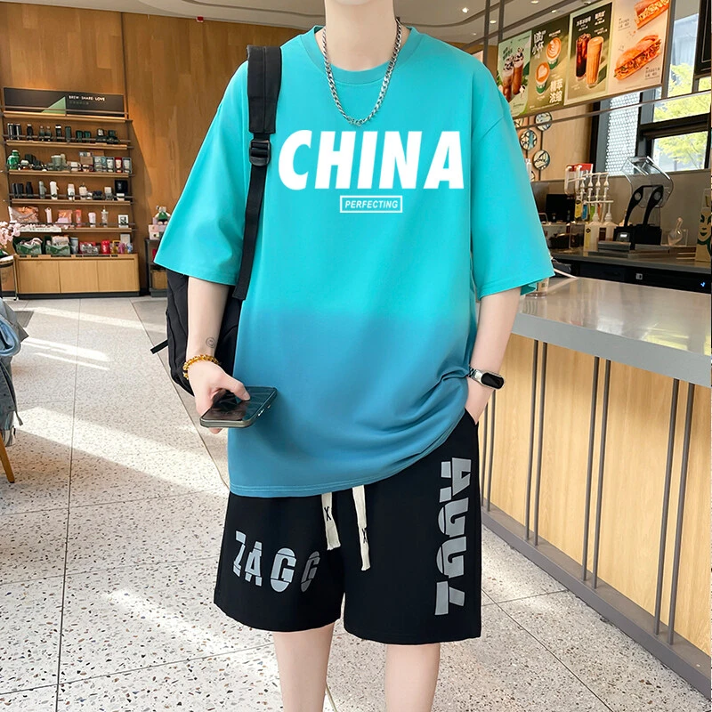 男生夏季新款圆领卡通印花短袖套装潮流宽松港风学生短袖T恤一套