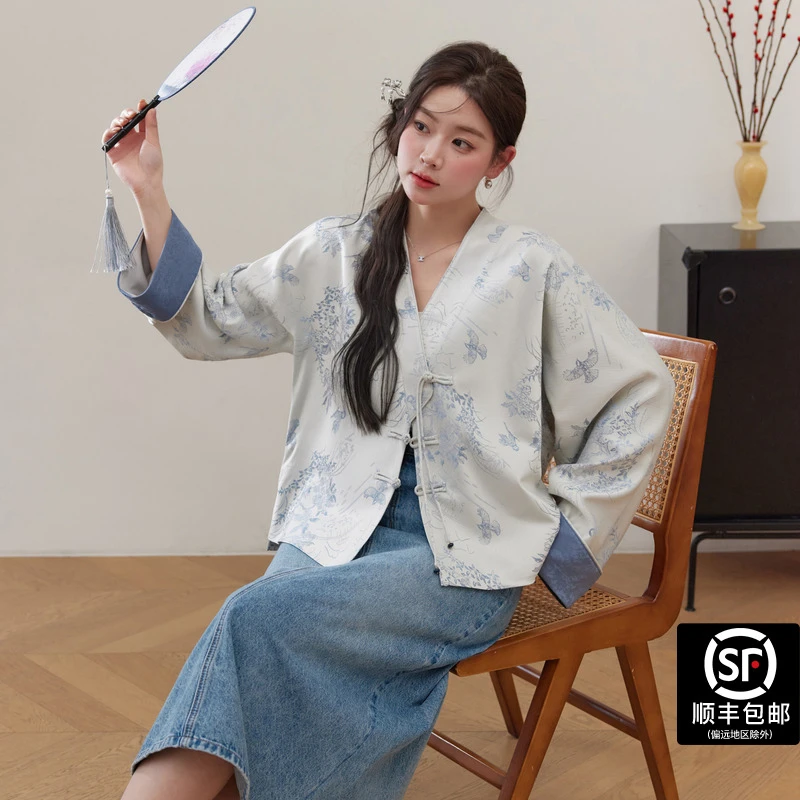 蓝语大码女装微胖mm新中式国风重工刺绣外套2025秋季宽松盘扣上衣