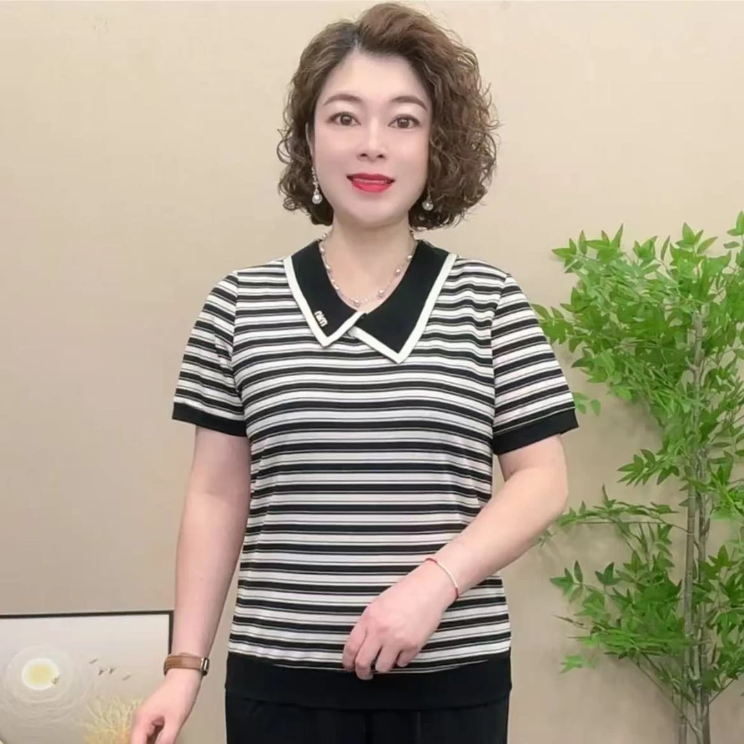 夏季新款女士上衣短袖中年妈妈装娃娃领休闲条纹烫钻宽松显瘦百搭