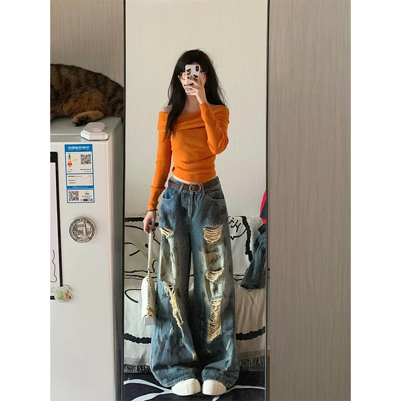 大码破洞高腰显瘦阔腿牛仔裤女2025年夏季款废土风复古泼墨直筒裤