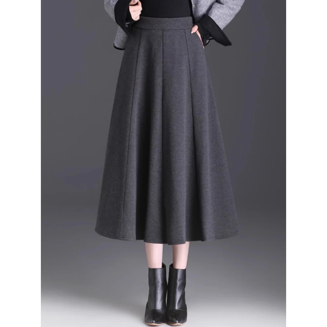 拉夏贝尔毛呢a字裙半身裙女秋冬2025显瘦中长款大摆垂感百褶长裙