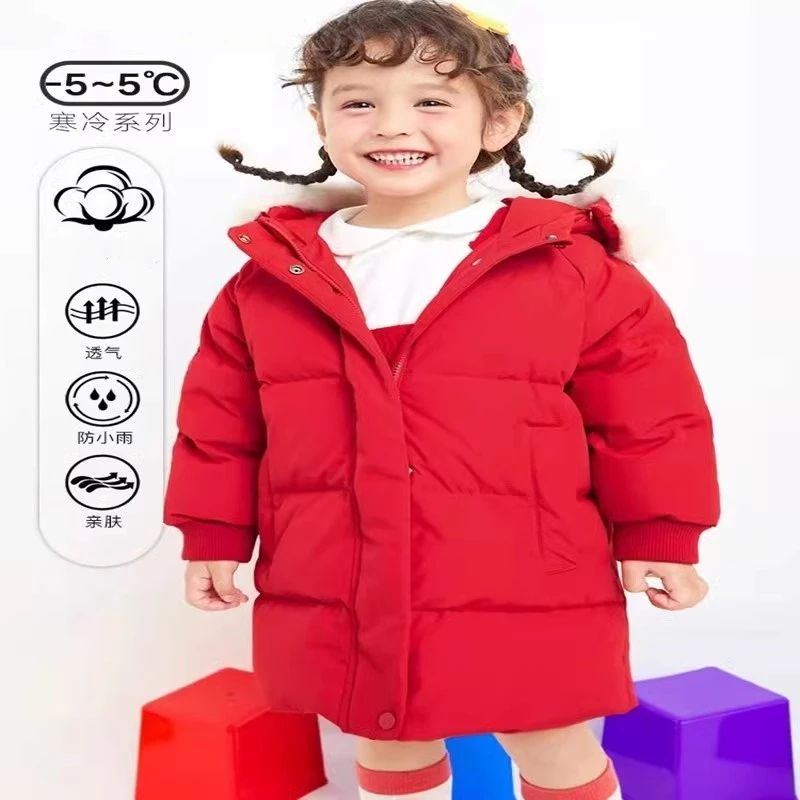 中小童儿童羽绒服女童中长款防风外套加厚连帽款保暖幼童外出服潮