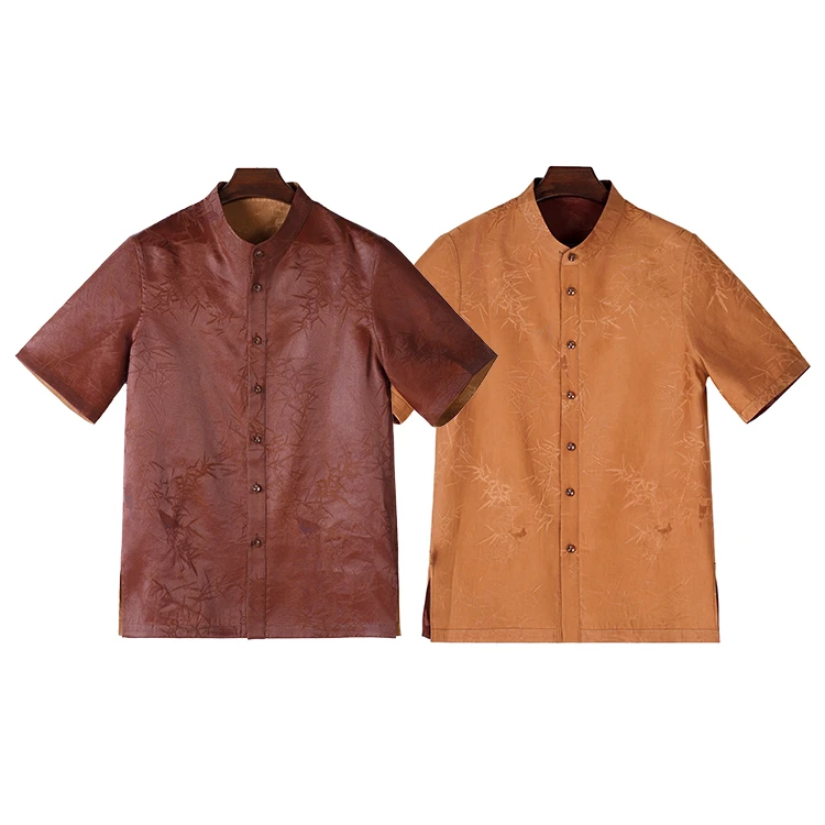 99376 男士双面穿立领短袖衬衫 桑蚕丝提花缎红云纱中式休闲上衣