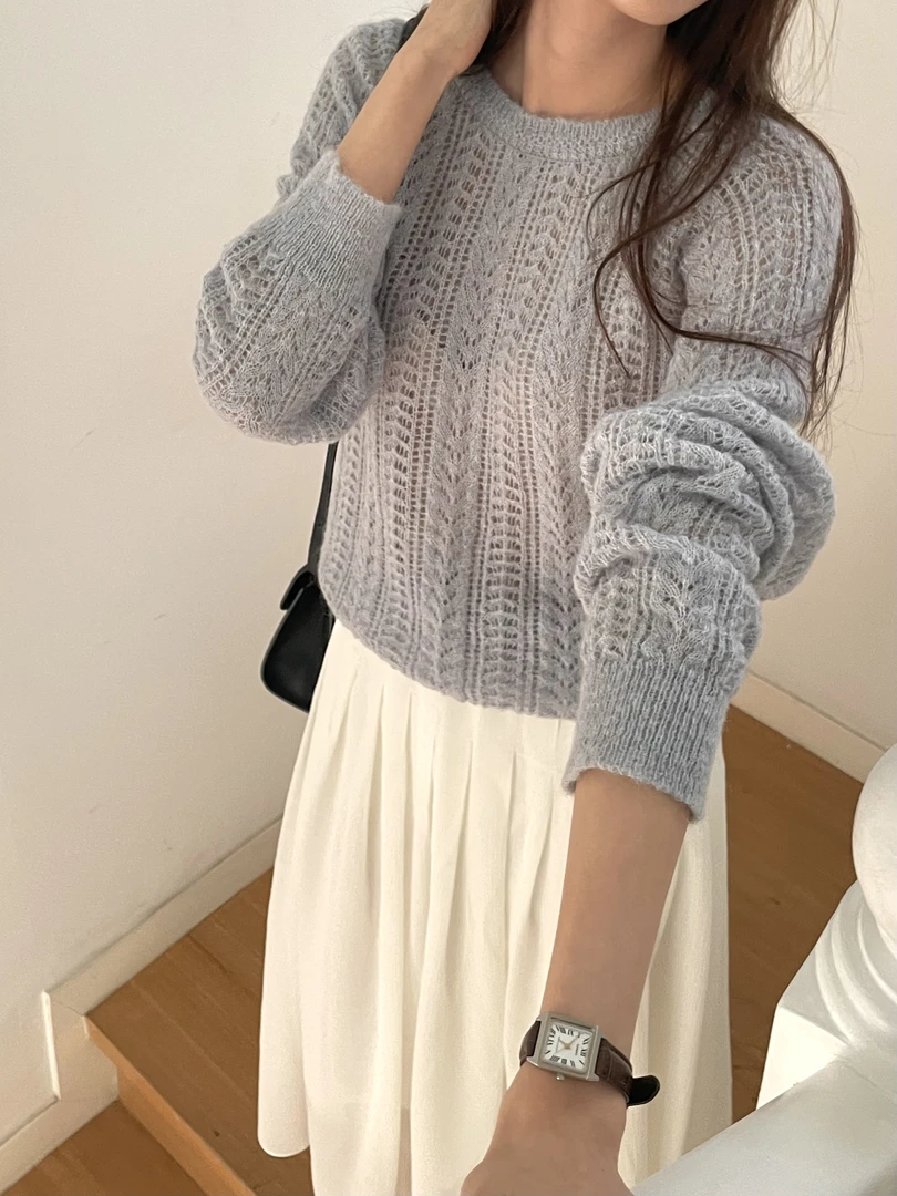 No退No换壹韩国东大门女装2025新款针织衫女034c宽松套头镂空毛衣