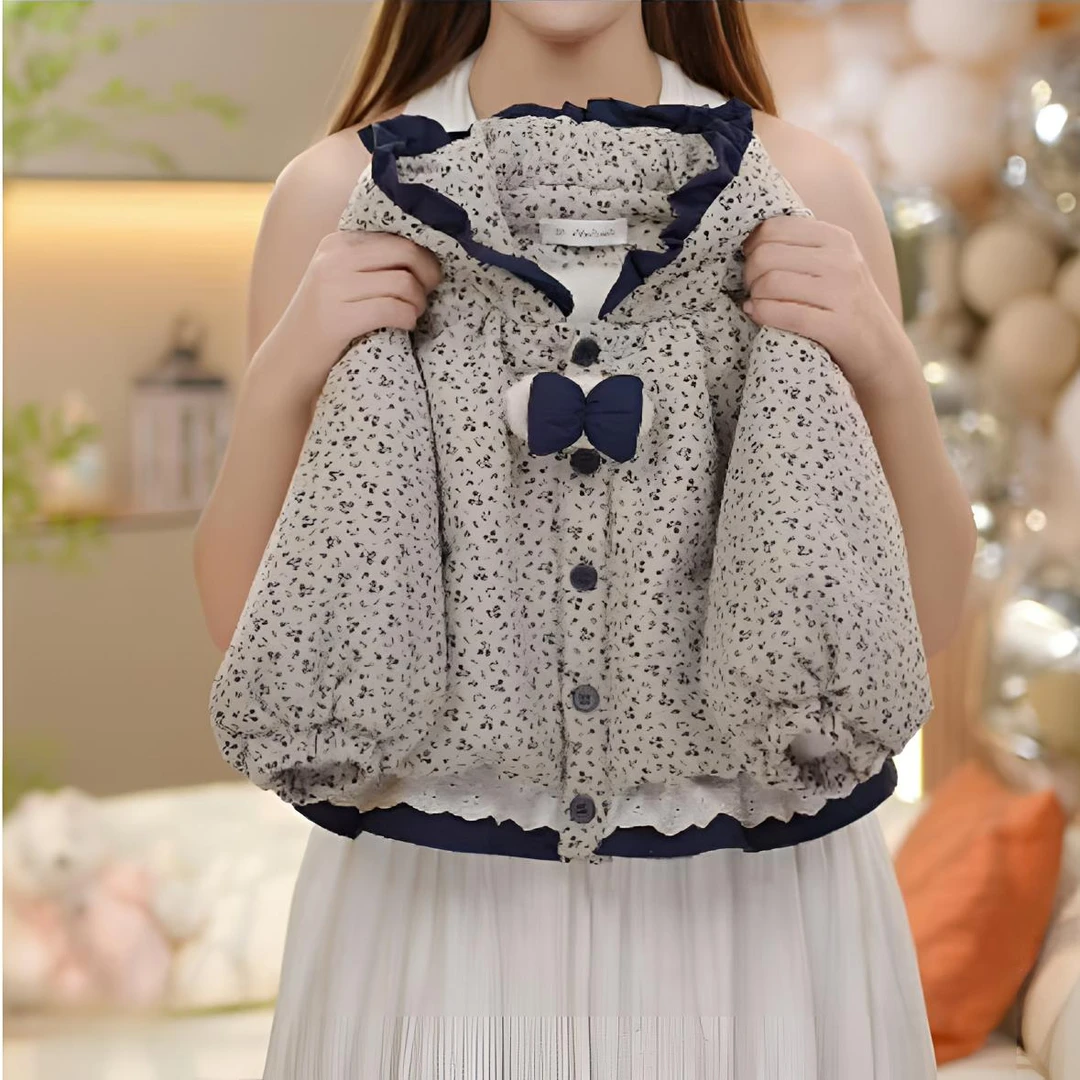 女童2025冬季新款韩系舒适碎花夹棉保暖棉服外套连帽加绒花边棉服