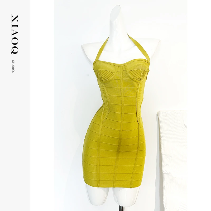 【小Q家】64411气质性感露背挂脖收腰针织裙