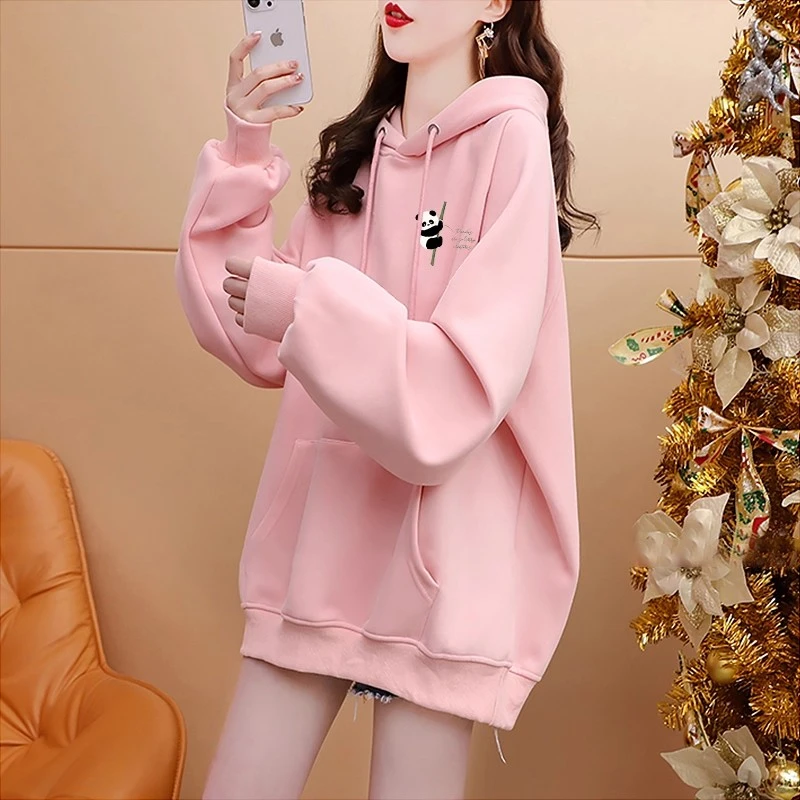 大码300斤熊猫印花卡通减龄连帽卫衣男女春秋季宽松百搭外套上衣