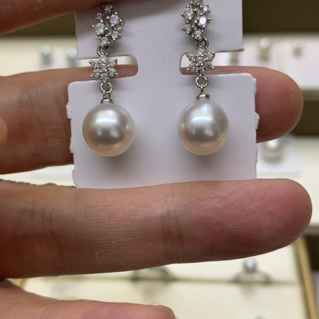 银S925镶嵌海水珍珠耳饰9-10澳白繁花耳线