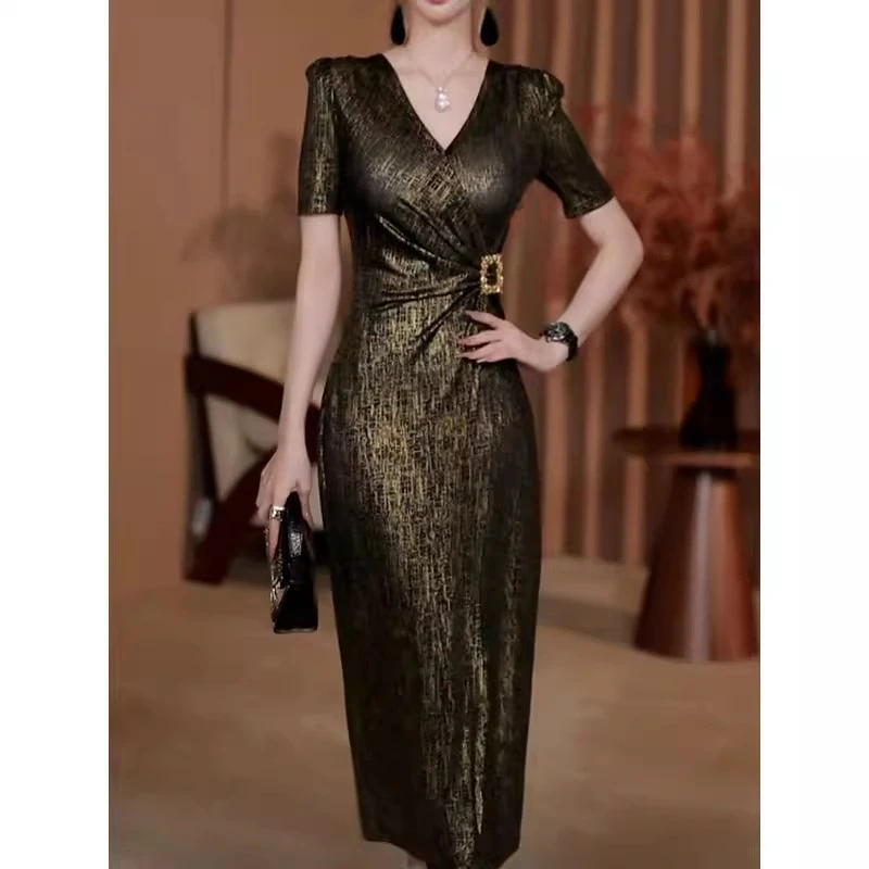 法式轻奢小香风V领连衣裙女2026夏季新款带弹力收腰显瘦短袖长裙