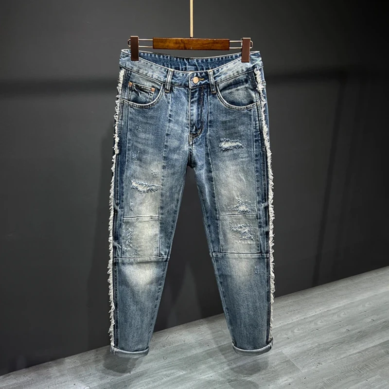 美式高街修身牛仔裤男士潮牌个性毛边设计裤子男款百搭直筒长裤男
