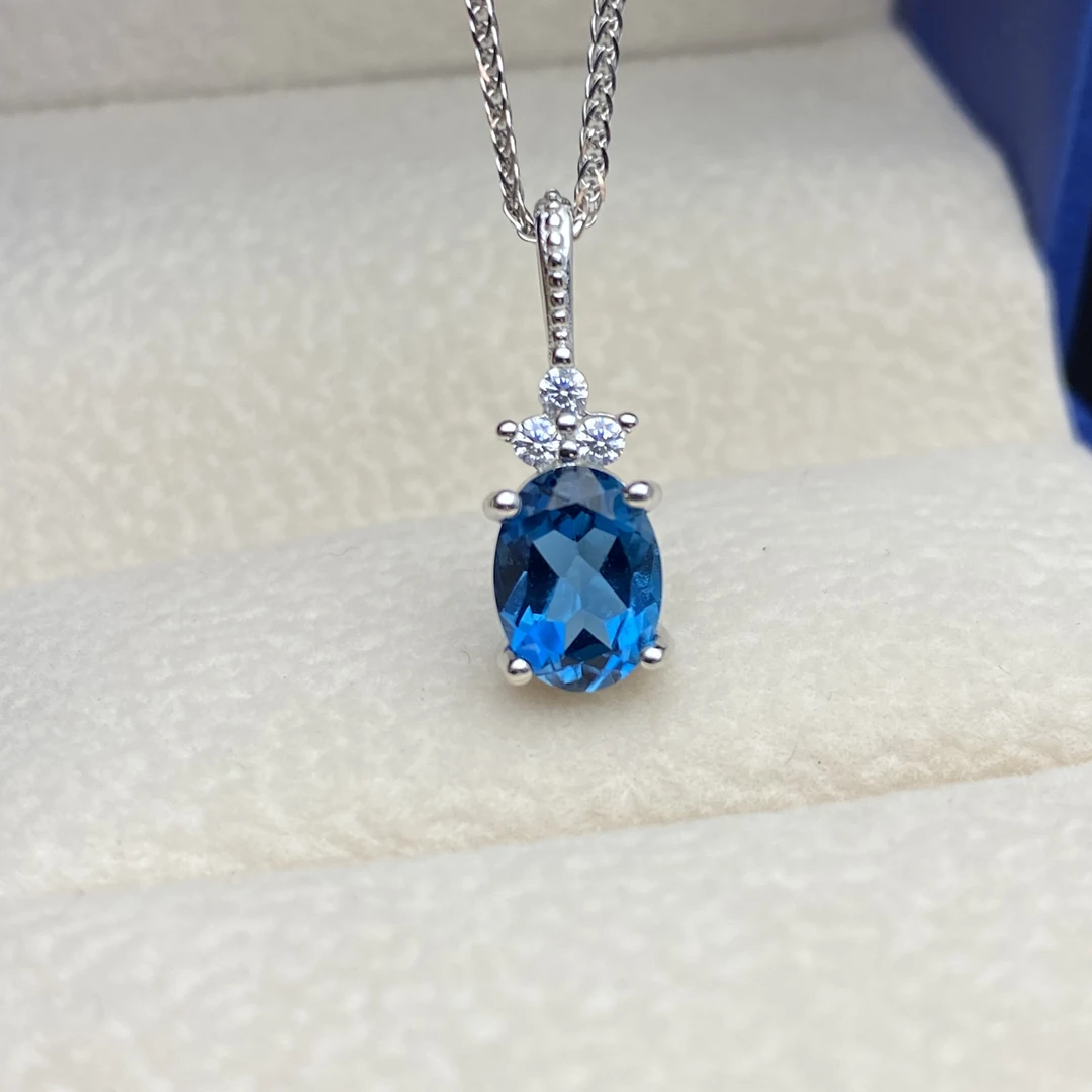 天然伦敦蓝托帕石吊坠（不含链）通体S925银6*8mm简约秀气时尚百搭