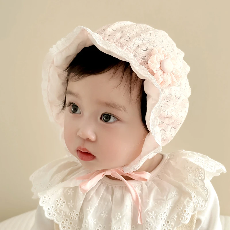 新款婴儿帽子春秋新款女宝宝公主帽蕾丝花边渔夫帽防晒可爱盆帽