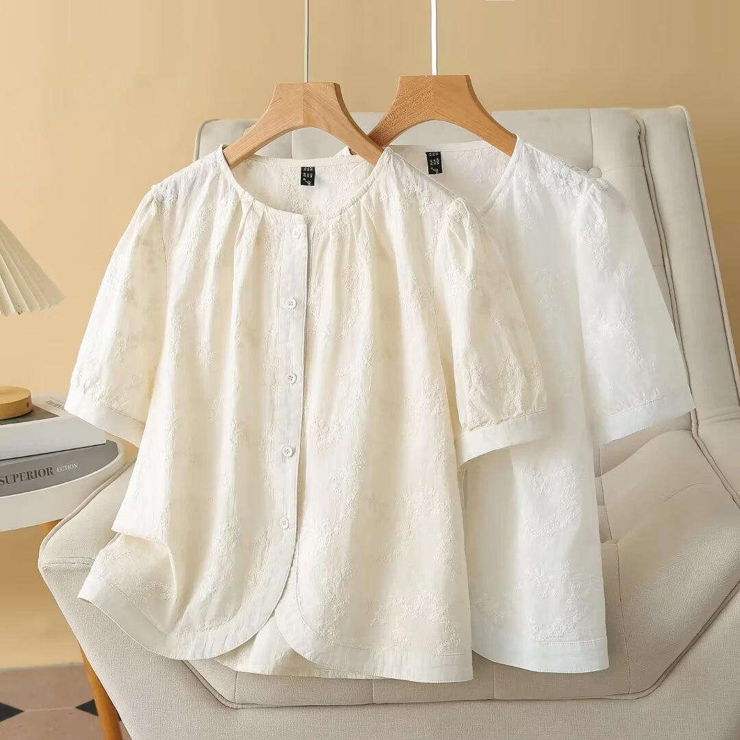 纯棉夏季大码200斤法式刺绣短袖衬衫女圆领上衣时尚百搭提花衬衣