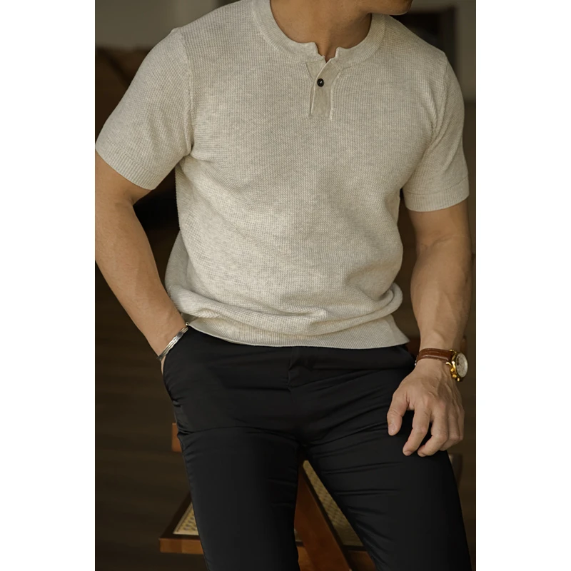 工装美式复古纺一粒扣亨利领针织衫T恤短袖透气排汗男