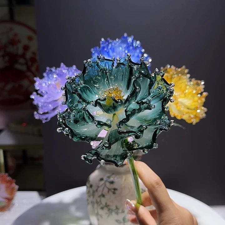 手工艺品琉璃4层牡丹王湖蓝色