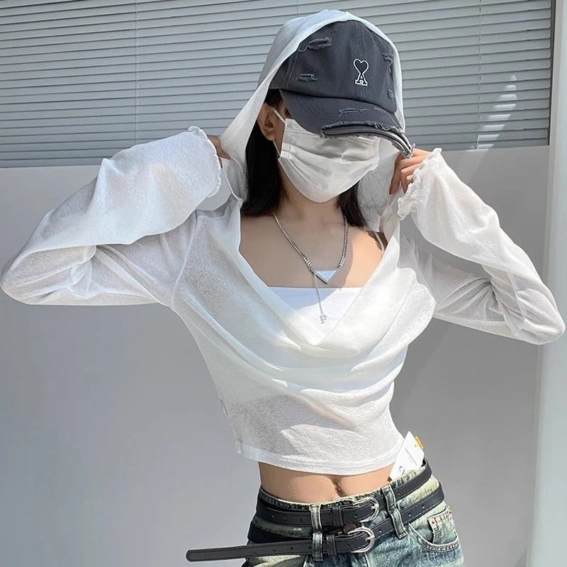 美式秋季辣妹修身显瘦连帽长袖正肩T恤薄款小众设计感时尚上衣ins