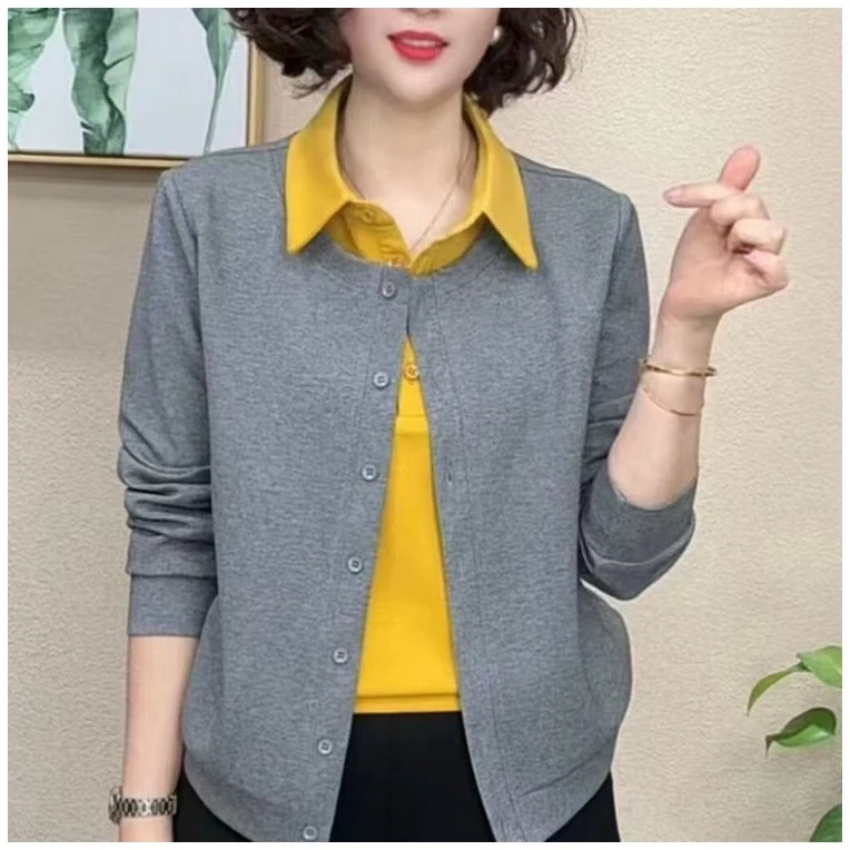 直播爆款外套春秋新款翻领拼接假两件衬衫女时尚洋气秋季妈妈上衣