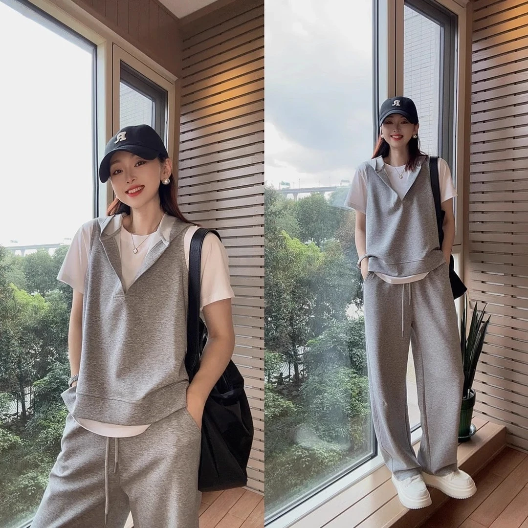 三件套 - 夏季清爽净版宽松休闲戴帽套装（三色）