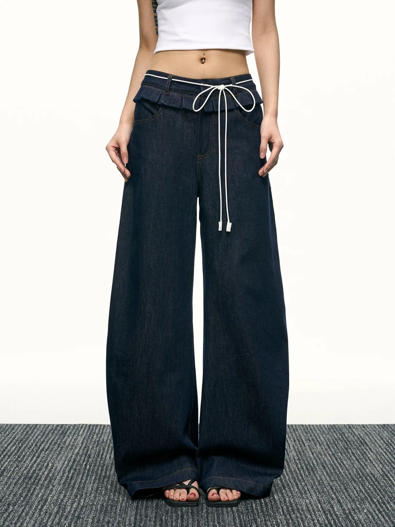 美式辣妹水洗弯刀牛仔裤春季设计感木耳边宽松直筒裤阔腿裤