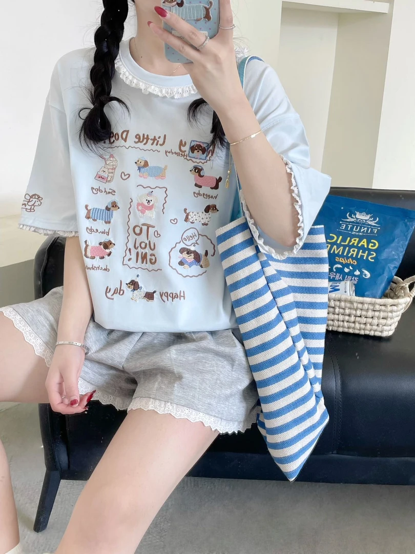 【25111】夏季新款百搭时尚宽松设计洋气腊肠狗花边圆领短袖