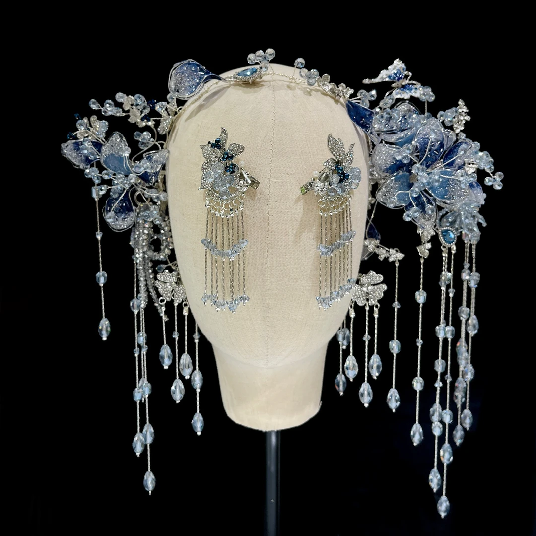 新娘头饰古典造型唯美汉服减龄花朵古风秀禾服结婚浅色系蓝色发饰