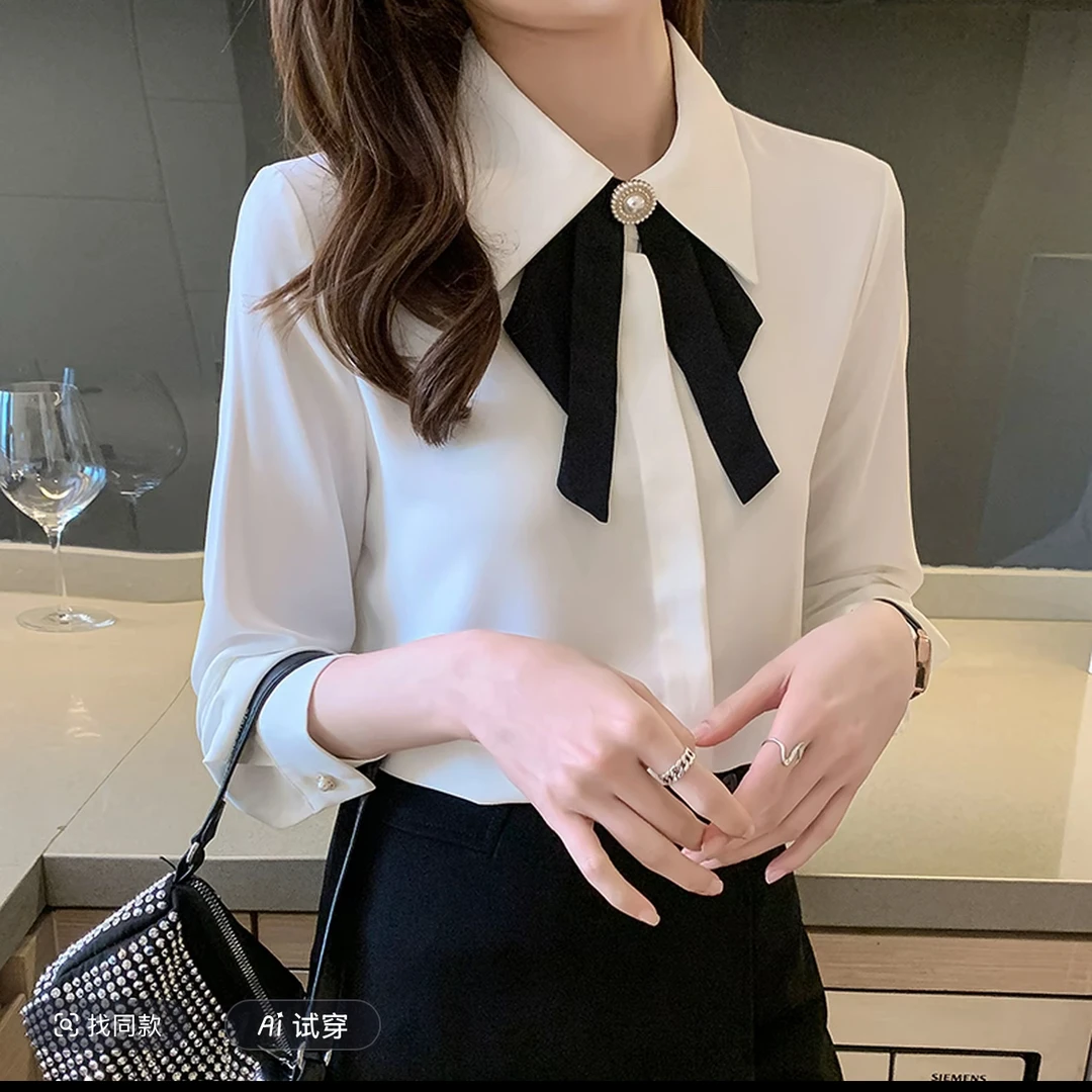 白衬衫纯色衬衫打底轻职风蝴蝶蝴蝶结长袖上衣常规款