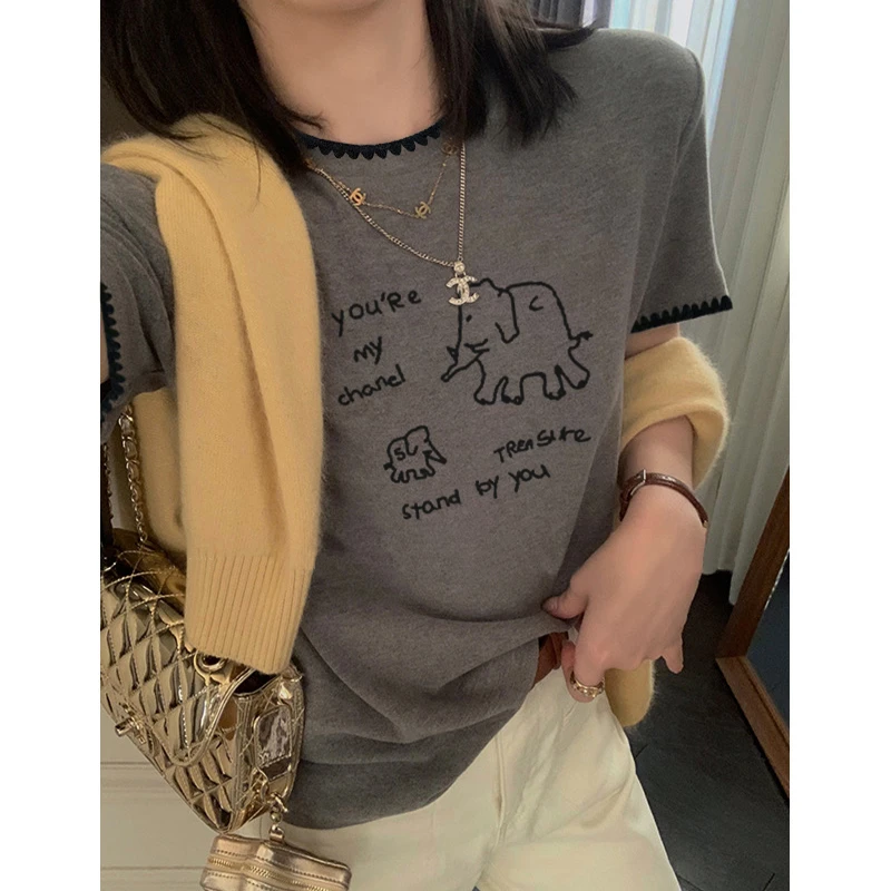 曼丝奈【简笔小象】刺绣t恤女夏季正肩短袖韩版时尚减龄百搭上衣