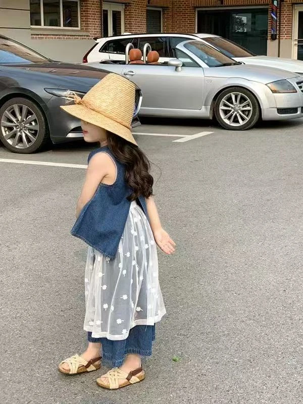 女童套装夏季新款儿童洋气时髦牛仔背心裙网纱甜美荷叶边吊带裙