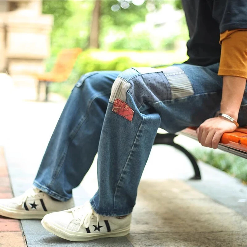 仓石一树新款男装潮牌牛仔裤拼接宽松休闲补丁阔腿裤复古直筒长裤