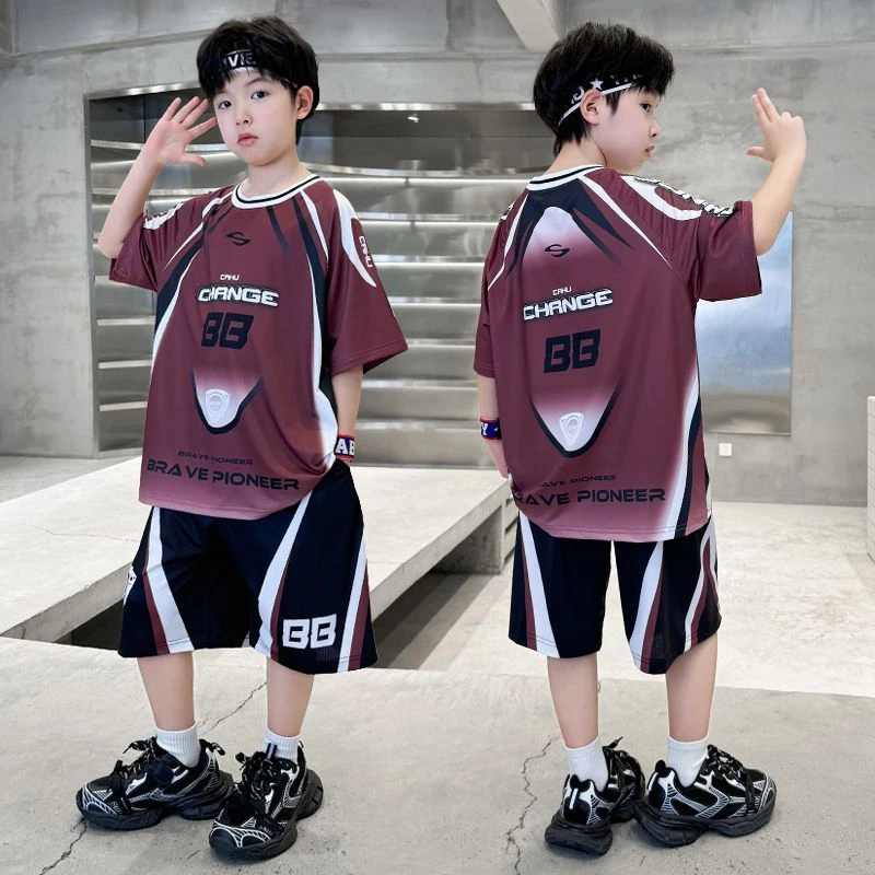 夏季男童帅气运动时髦短袖套装2025新款中大童速干上衣短裤篮球服