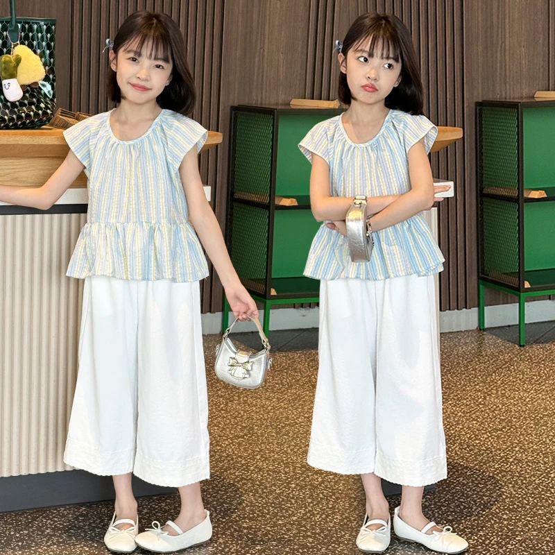 女童夏装娃娃衫套装2025新款条纹飞袖衬衫中大童洋气阔腿裤两件套