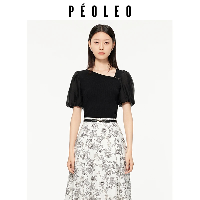 飘蕾2025夏季新款时尚气质黑色拼接斜领短袖针织T恤女PK4107083