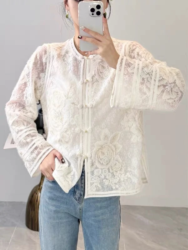 新中式女装中国风白色上衣女蕾丝拼接新款浮雕提花长袖衬衫